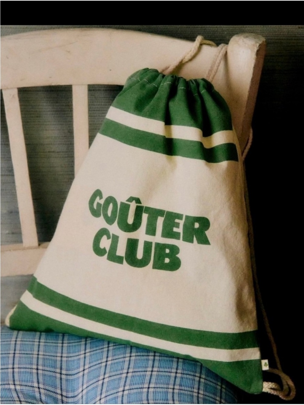 Petite Sézane Green & Cream Drawstring Bag